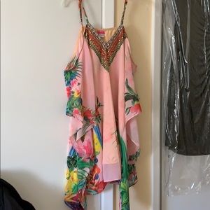 Pink beaded neckline island feel mini dress/too